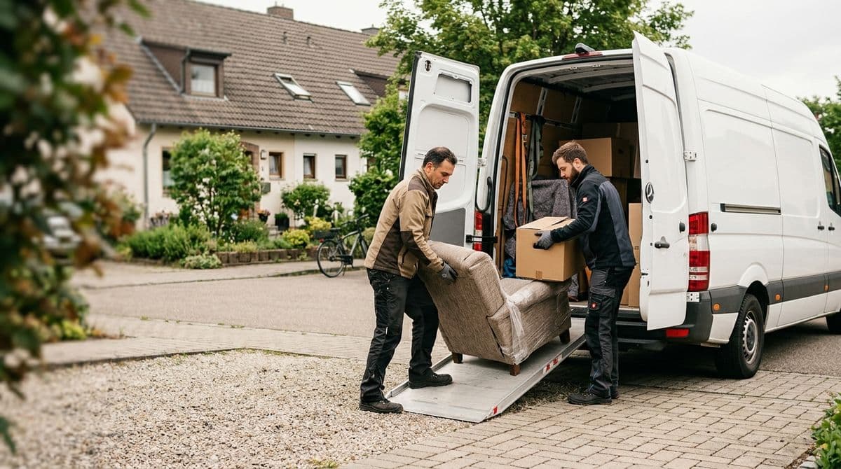 Zwei Mitarbeiter von VA Transporte Germering beladen einen weißen Transporter bei einer Entrümpelung