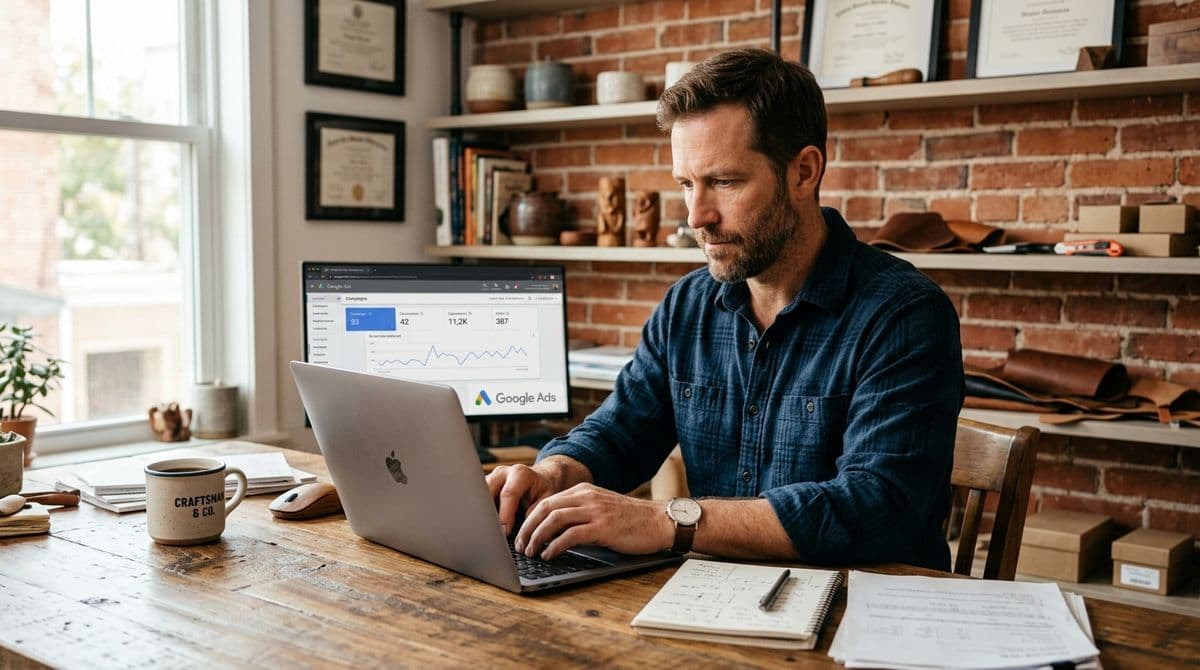 Selbstständiger Unternehmer arbeitet konzentriert am Laptop und plant seine Google Ads Kampagne