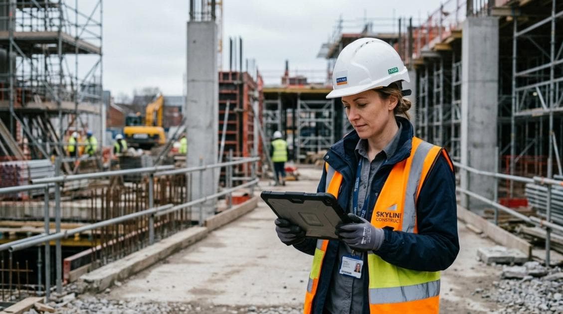 Bauingenieurin mit Schutzhelm prüft Projektdaten auf einem Tablet auf einer Baustelle — symbolisch für digitales Marketing im Handwerk