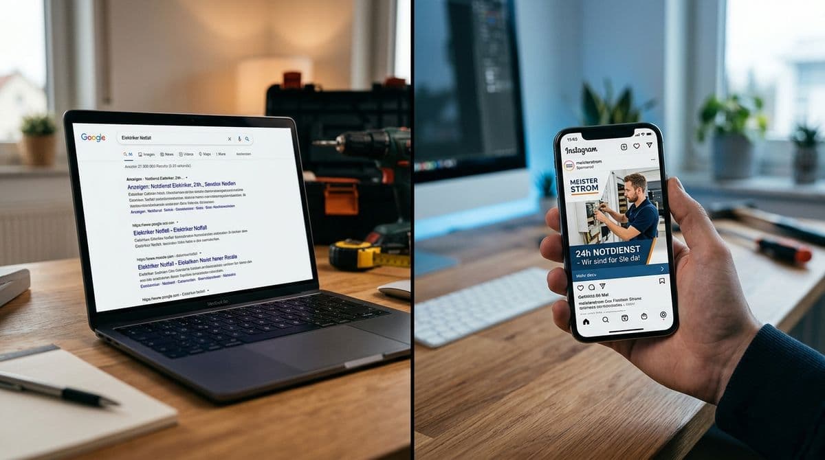 Handwerker am Laptop vergleicht Google Ads und Meta Ads Kampagnen für seinen Betrieb