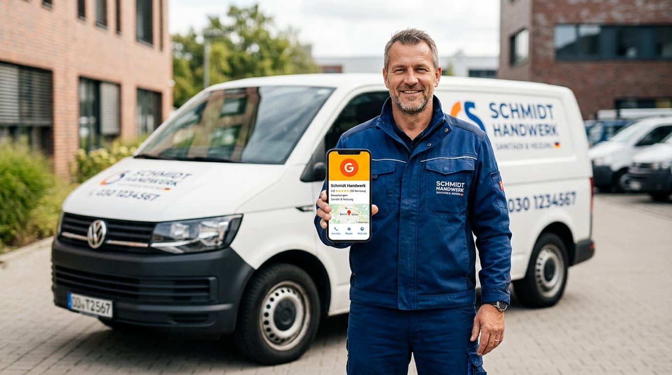 Handwerker in Arbeitskleidung prüft sein Google Unternehmensprofil auf dem Smartphone