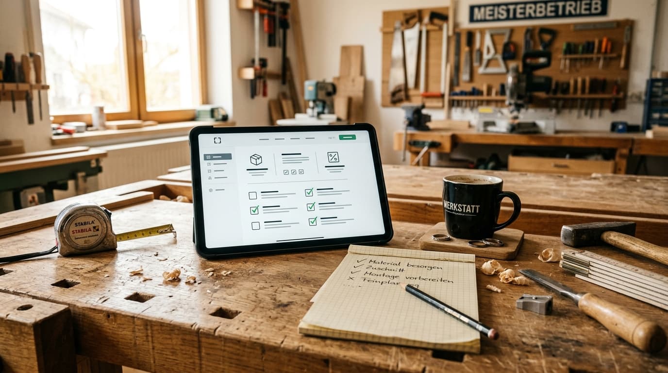 Tablet auf Handwerker-Werkbank zeigt Website-Checkliste, daneben Notizblock mit Häkchen