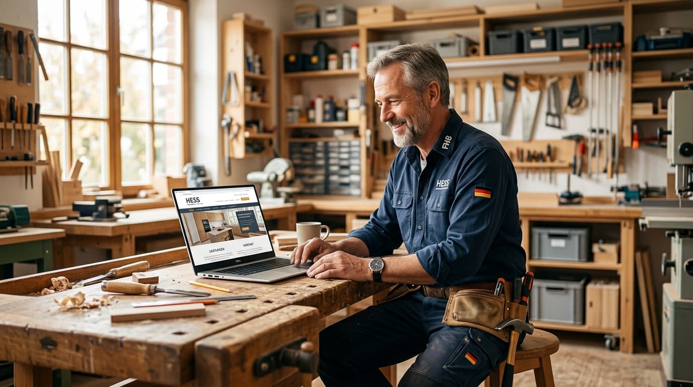 Handwerker schaut auf Laptop mit moderner Firmen-Website, helle Werkstatt im Hintergrund