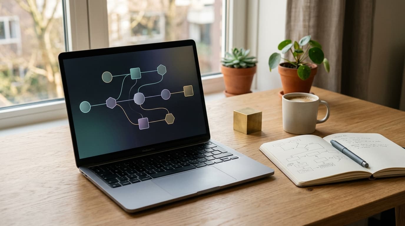 Schreibtisch mit Laptop, automatisierter Workflow-Diagramm und Notizbuch mit Prozessskizzen