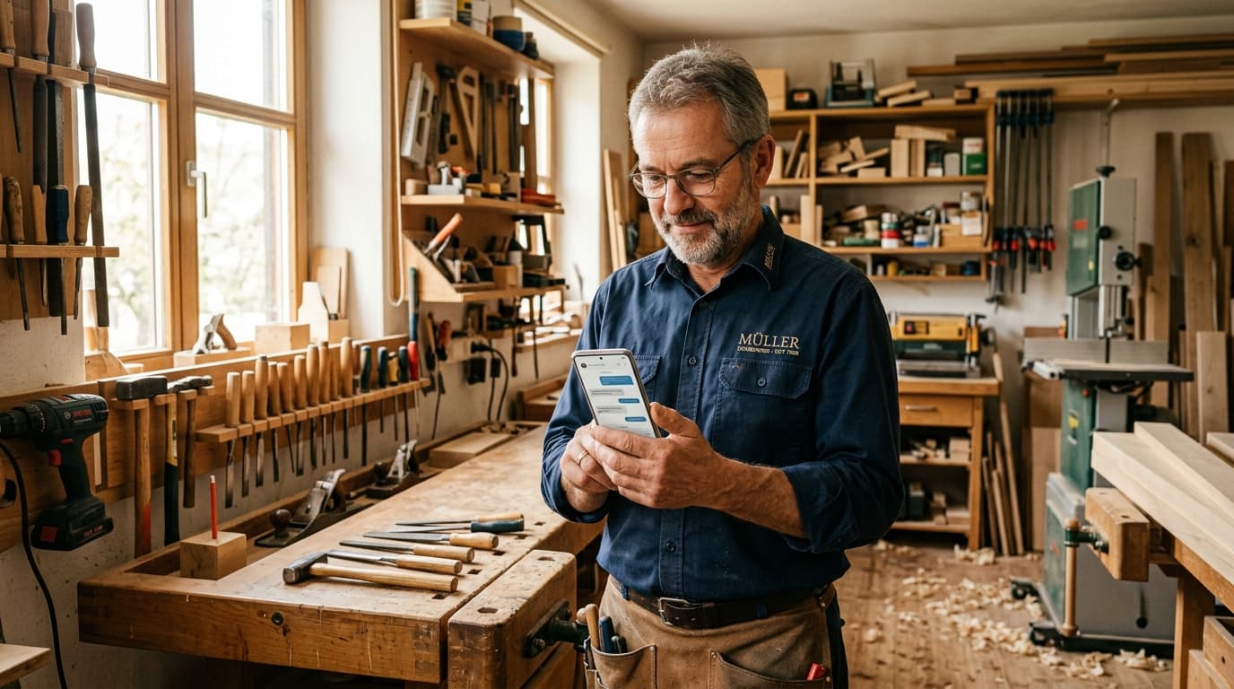 Handwerksmeister in heller Werkstatt prüft Bewerbungs-Chat auf Smartphone, Werkbank mit Werkzeugen daneben