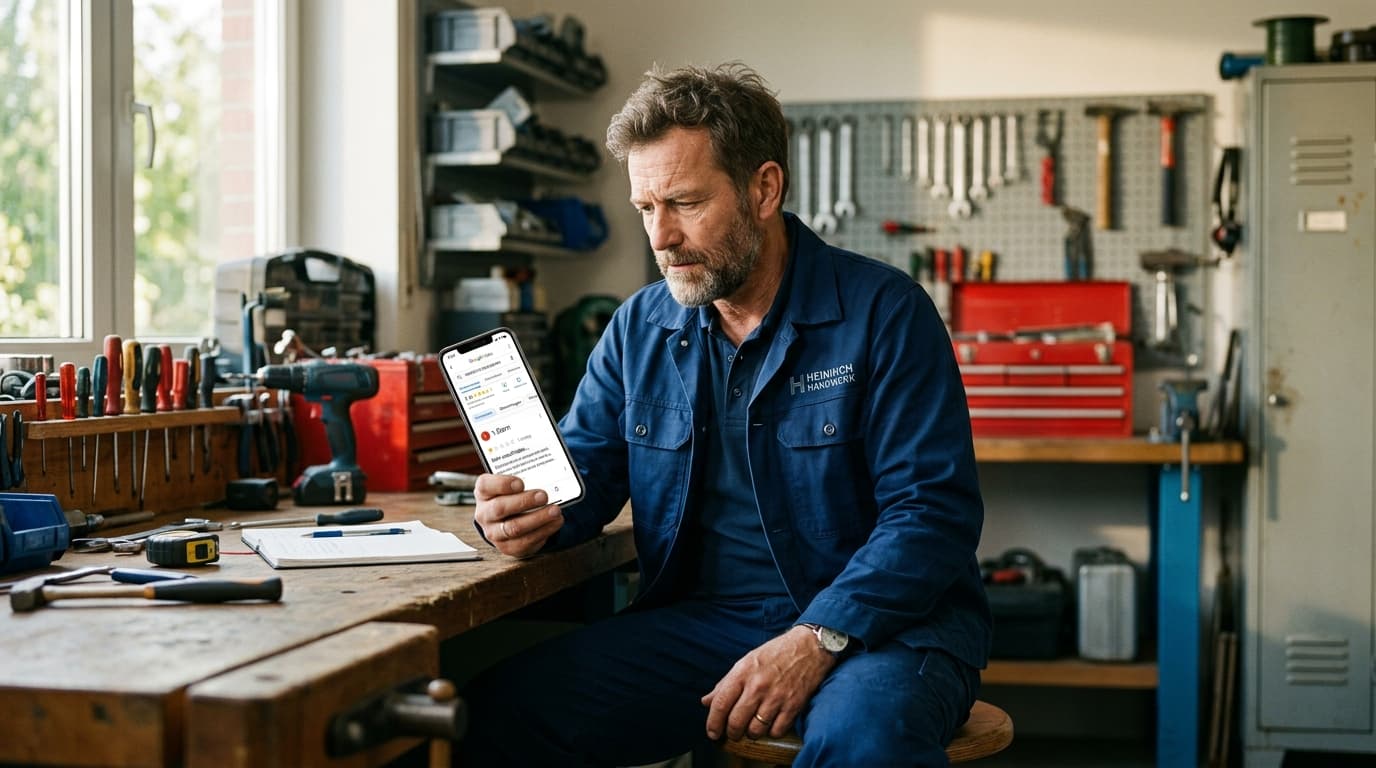 Handwerker in Werkstatt schaut nachdenklich auf sein Smartphone mit einer negativen Google Bewertung