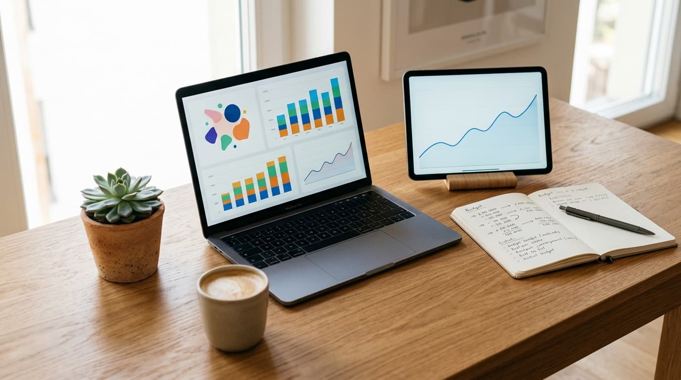 Schreibtisch mit Laptop, Tablet und Notizbuch mit Marketing-Budget-Kalkulation