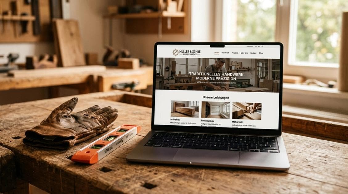 Laptop auf Holztisch zeigt eine moderne Website — Handwerker im Saarland investieren in ihre digitale Präsenz