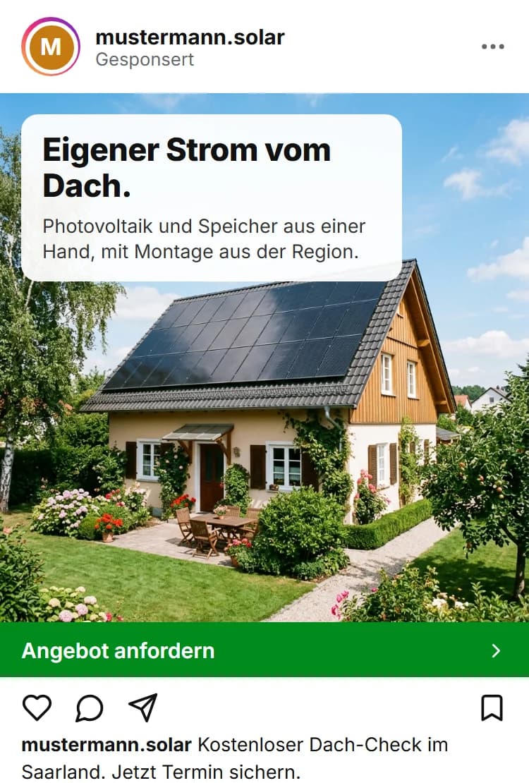 Beispiel einer Instagram-Feed-Anzeige für Photovoltaik mit Button Angebot anfordern