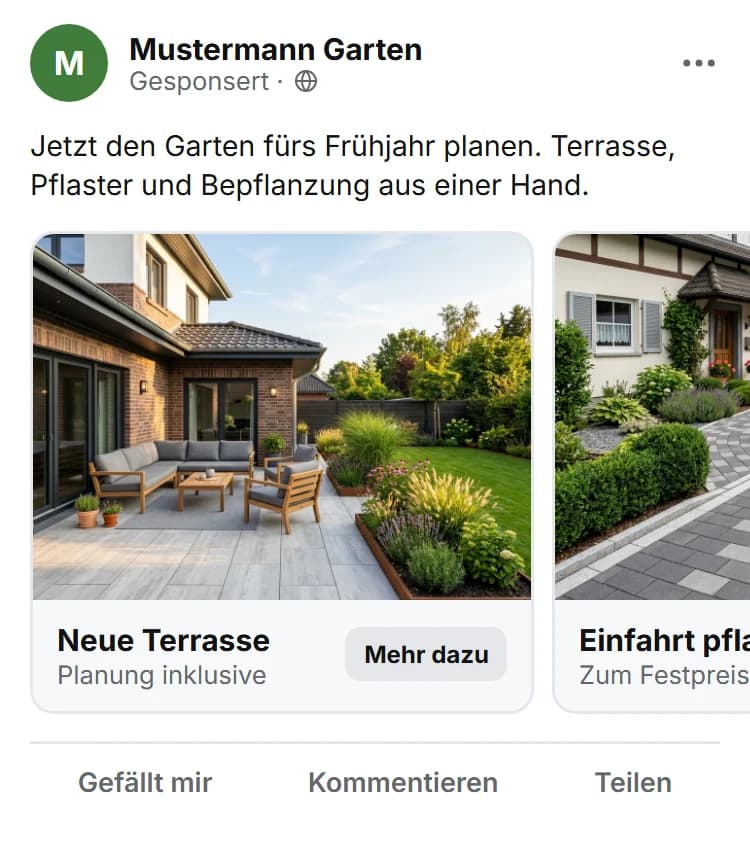 Beispiel einer Facebook-Karussell-Anzeige eines Gartenbaubetriebs mit Terrasse und Pflasterarbeiten