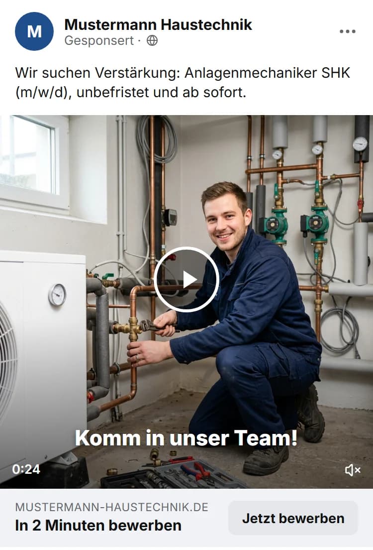 Beispiel einer Facebook-Videoanzeige zur Mitarbeitergewinnung für Anlagenmechaniker SHK