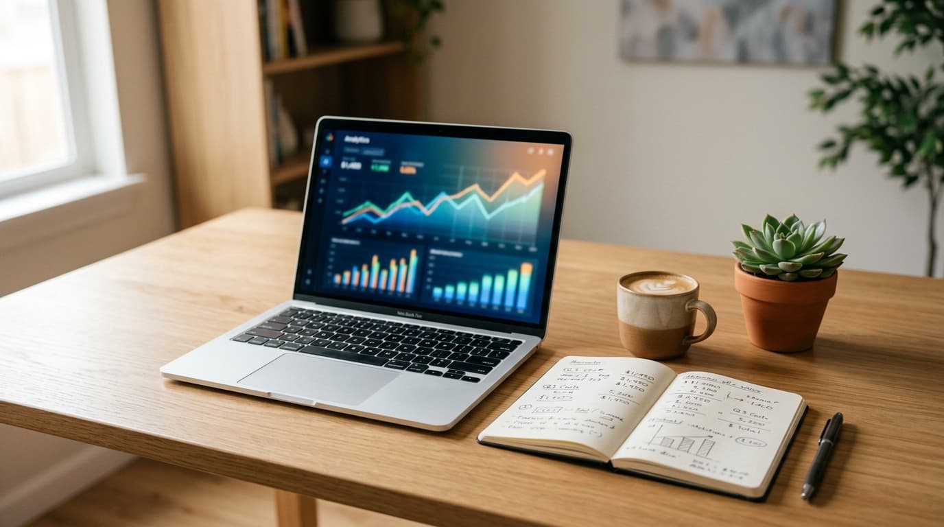 Schreibtisch mit Laptop, Analytics-Dashboard und handschriftlicher Kostenkalkulation für SEO