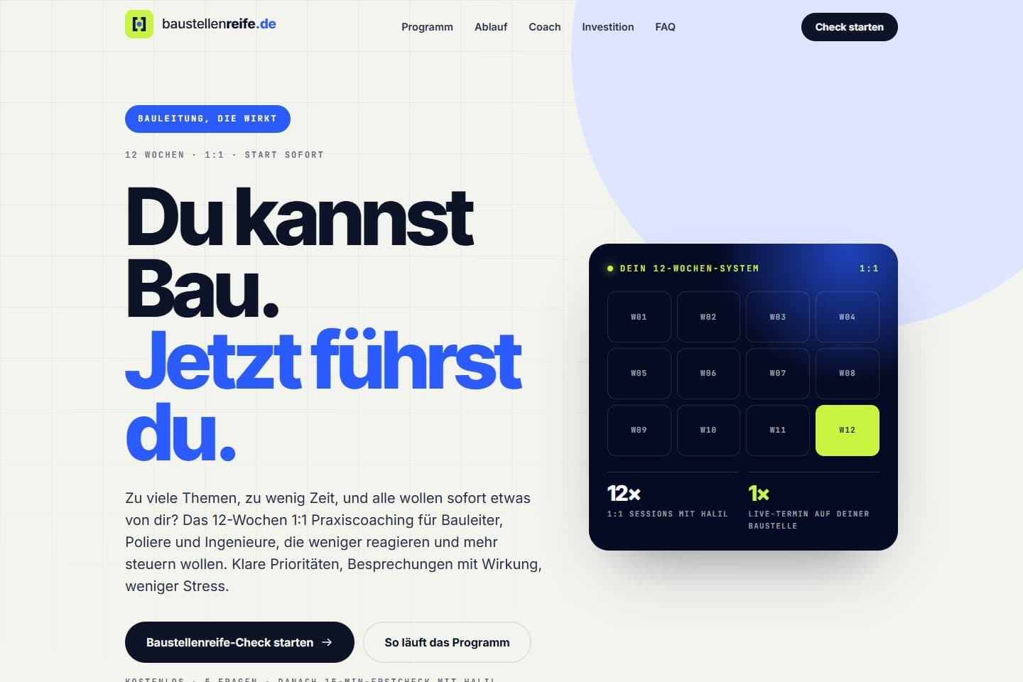 Startseite von Baustellenreife mit dem Coachingangebot für Führung in der Bauleitung