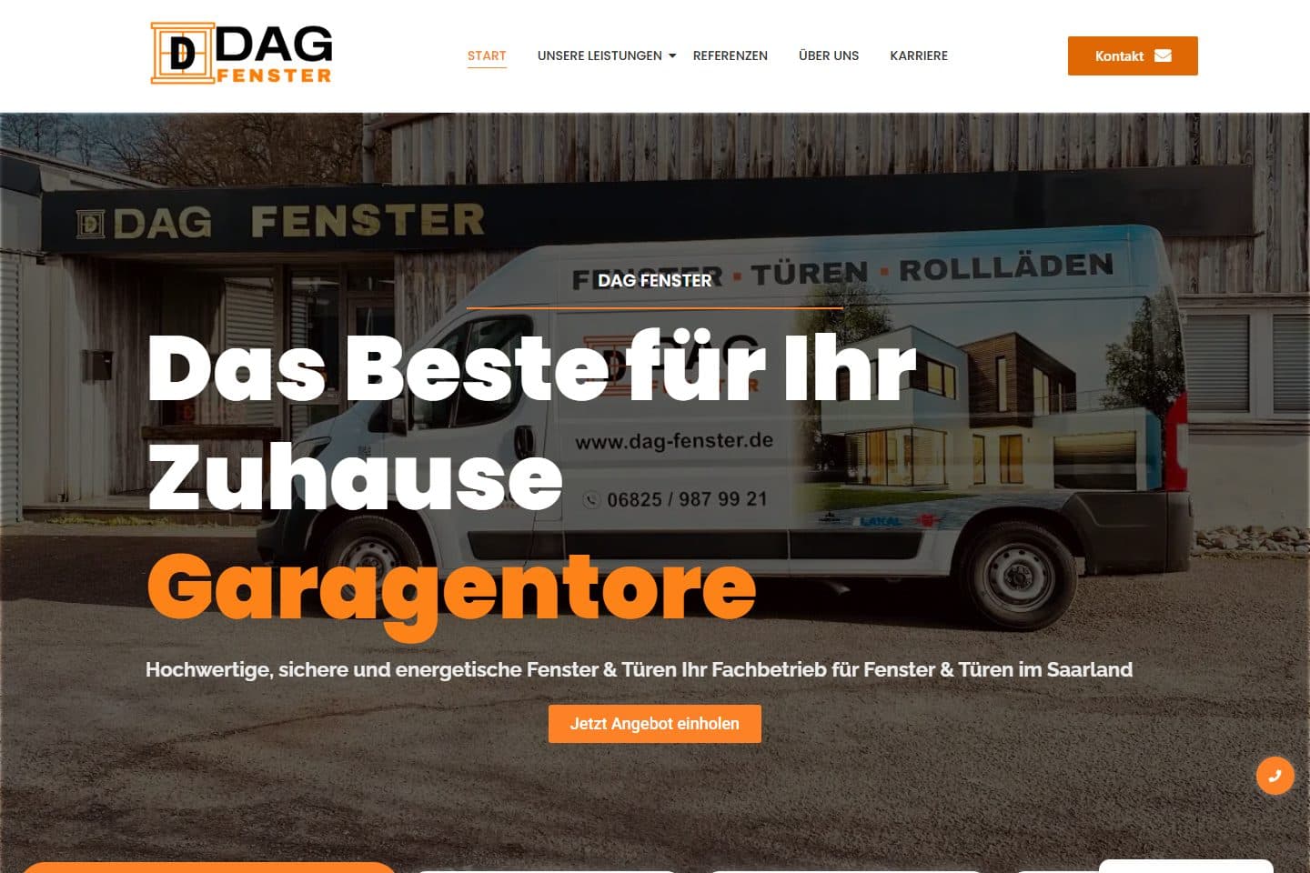 Startseite von DAG Fenster mit dem Fachbetrieb und dem Angebot für Fenster, Türen und Garagentore