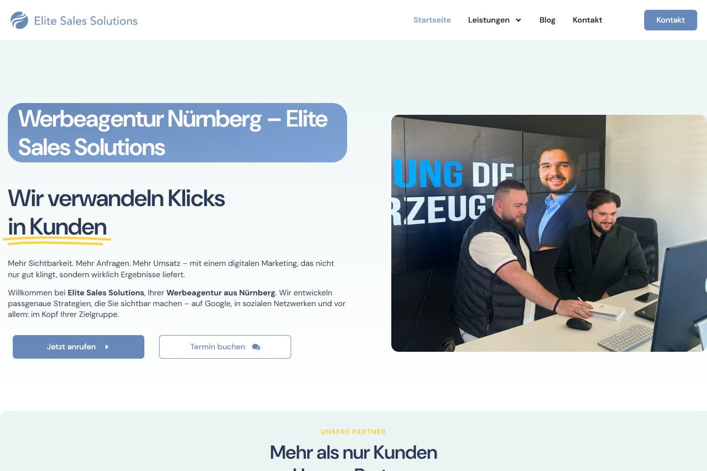 Startseite von Elite Sales Solutions mit Online-Marketing-Angebot und Teamvorstellung