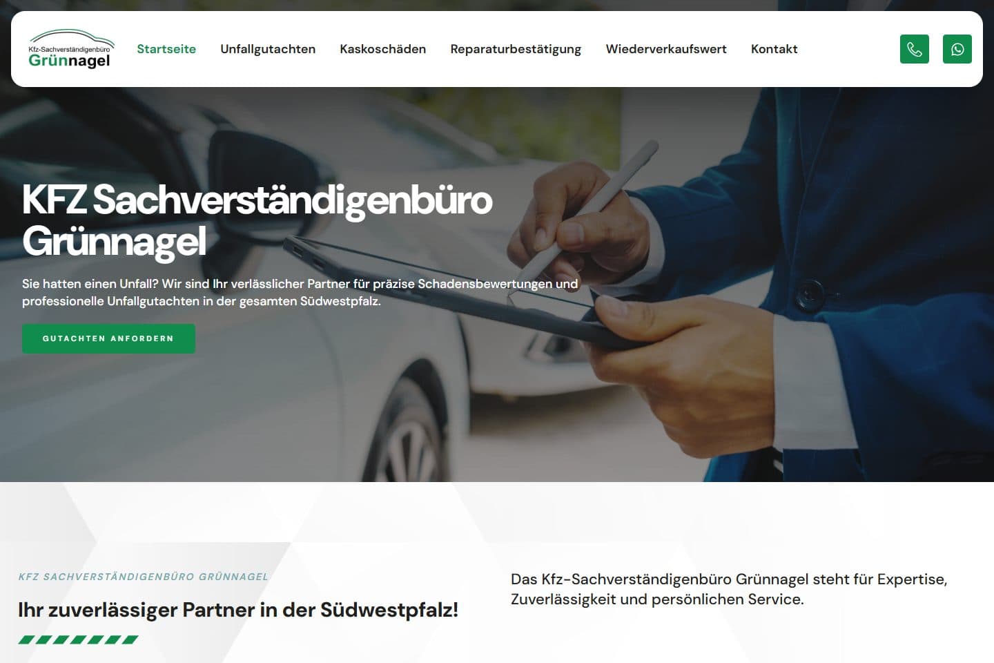 Startseite des Kfz-Sachverständigenbüros Grünnagel mit dem Angebot für Unfallgutachten