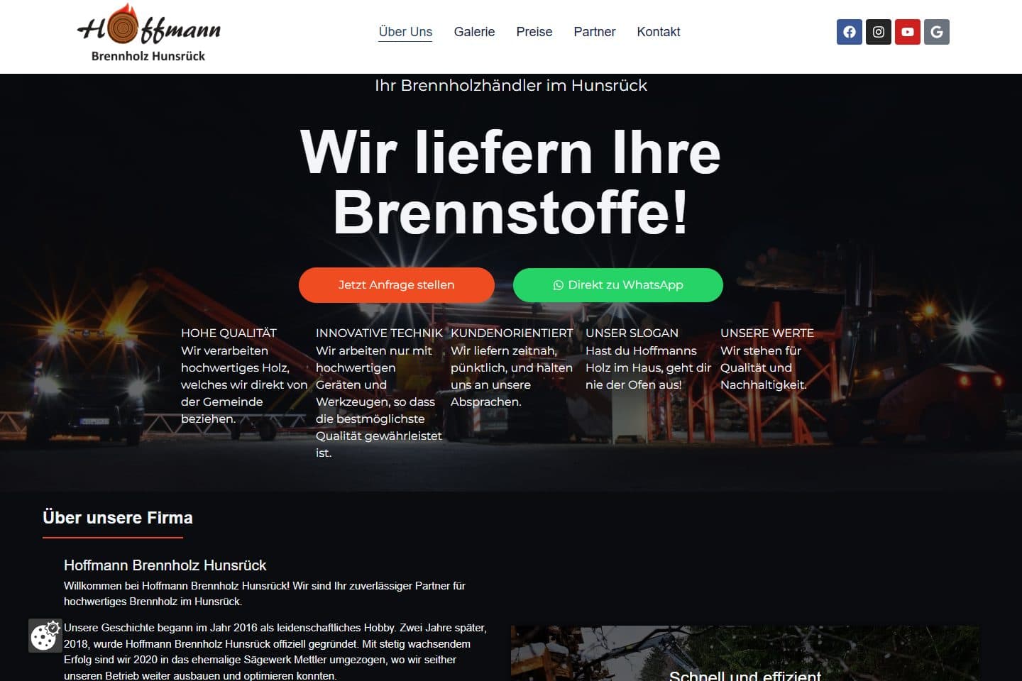 Startseite von Hoffmann Brennholz Hunsrück mit Brennstoffangebot und Bestellmöglichkeiten