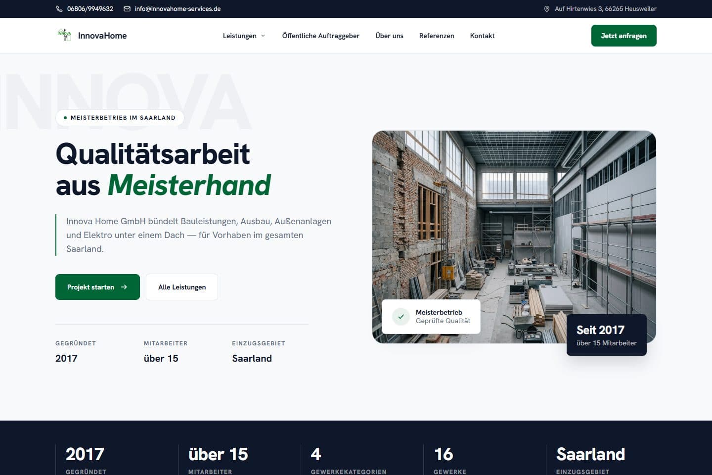 Startseite von InnovaHome mit Meisterleistungen im Bau und einer Gebäudeansicht