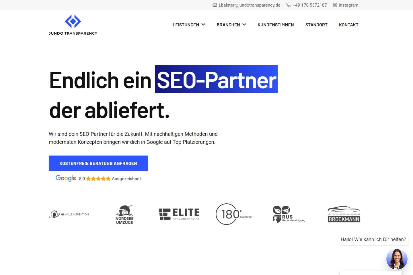 Startseite von Jundo Transparency mit dem SEO-Angebot und Beratungsanfrage