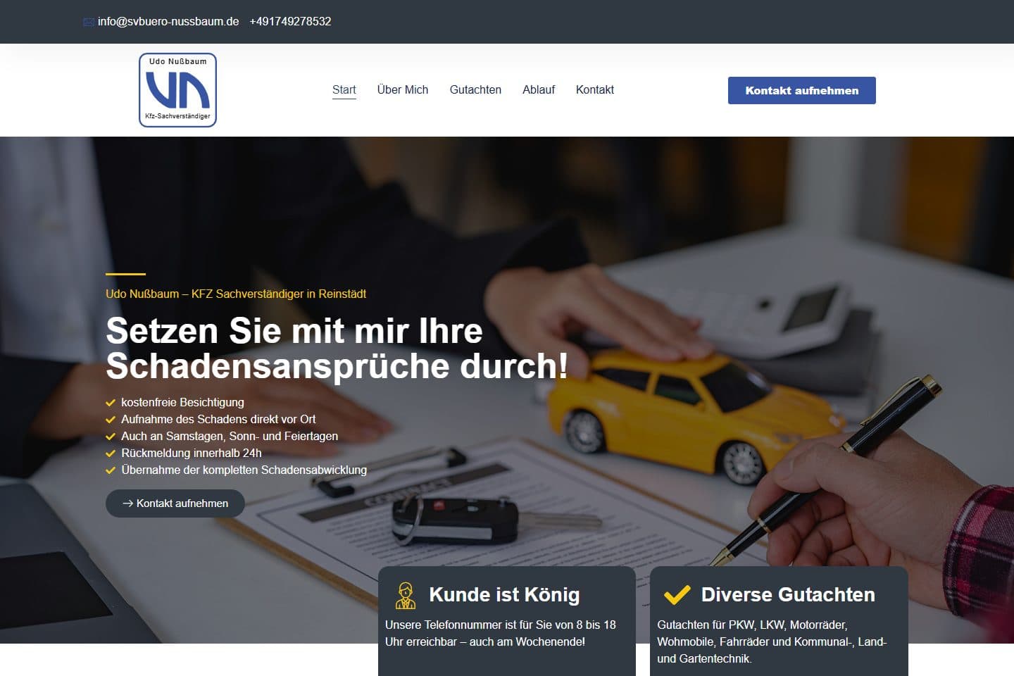 Startseite des Kfz-Sachverständigenbüros Udo Nußbaum mit Gutachtenangebot und Kontaktmöglichkeiten