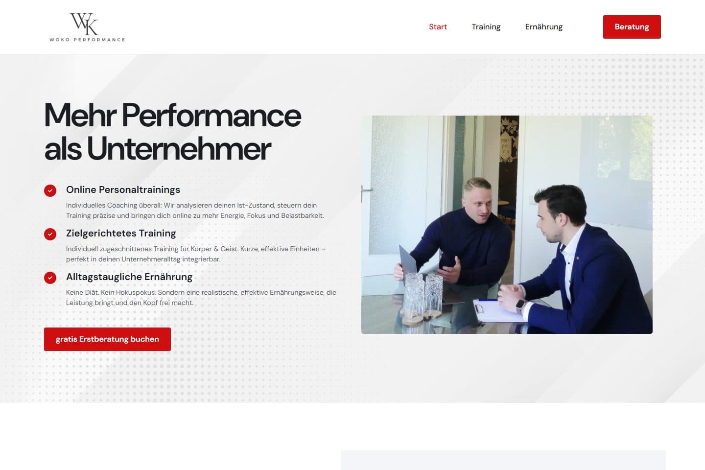 Startseite von WoKo Performance mit Coachingangebot und persönlicher Beratung für Unternehmer