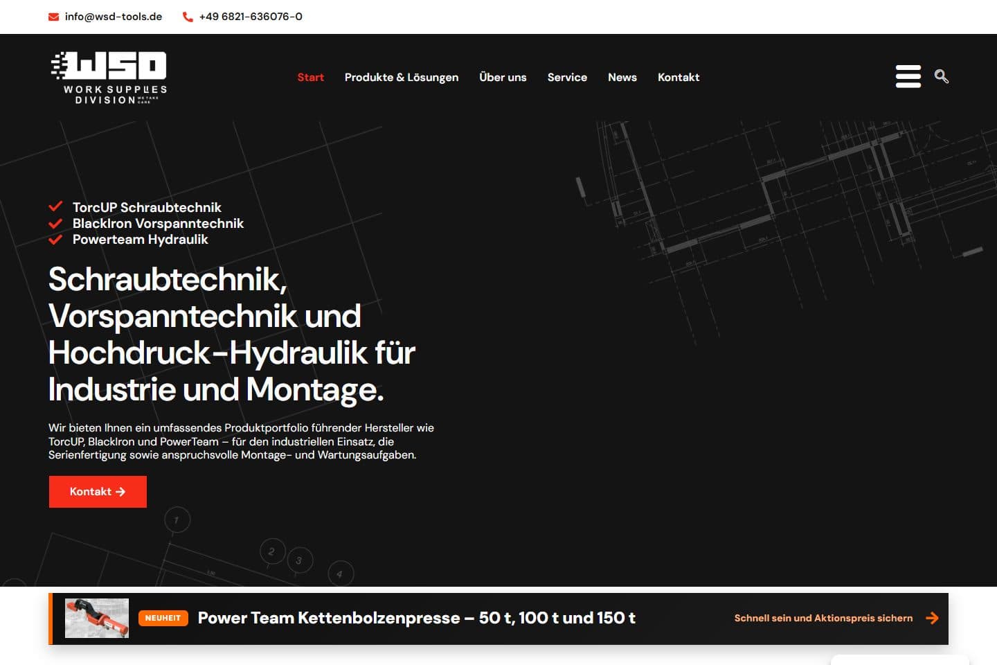 Startseite von WSD Tools mit Schraubtechnik, Vorspanntechnik und Hochdruck-Hydraulik